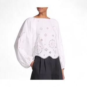Ganni Broderie Anglaise Balloon-Sleeve White Cotton Open-Back Blouse, EU Size 36